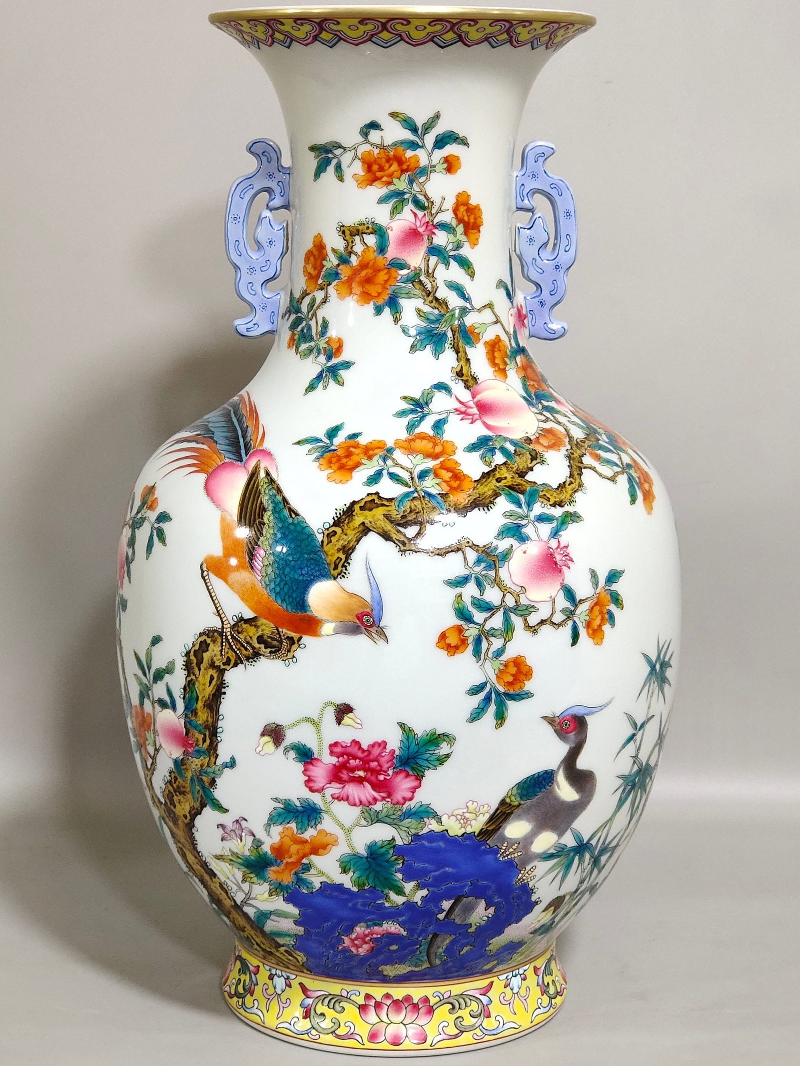 An Exquisite Chinese pomegranate flower and golden pheasant double eared poem vase (1 of 8)