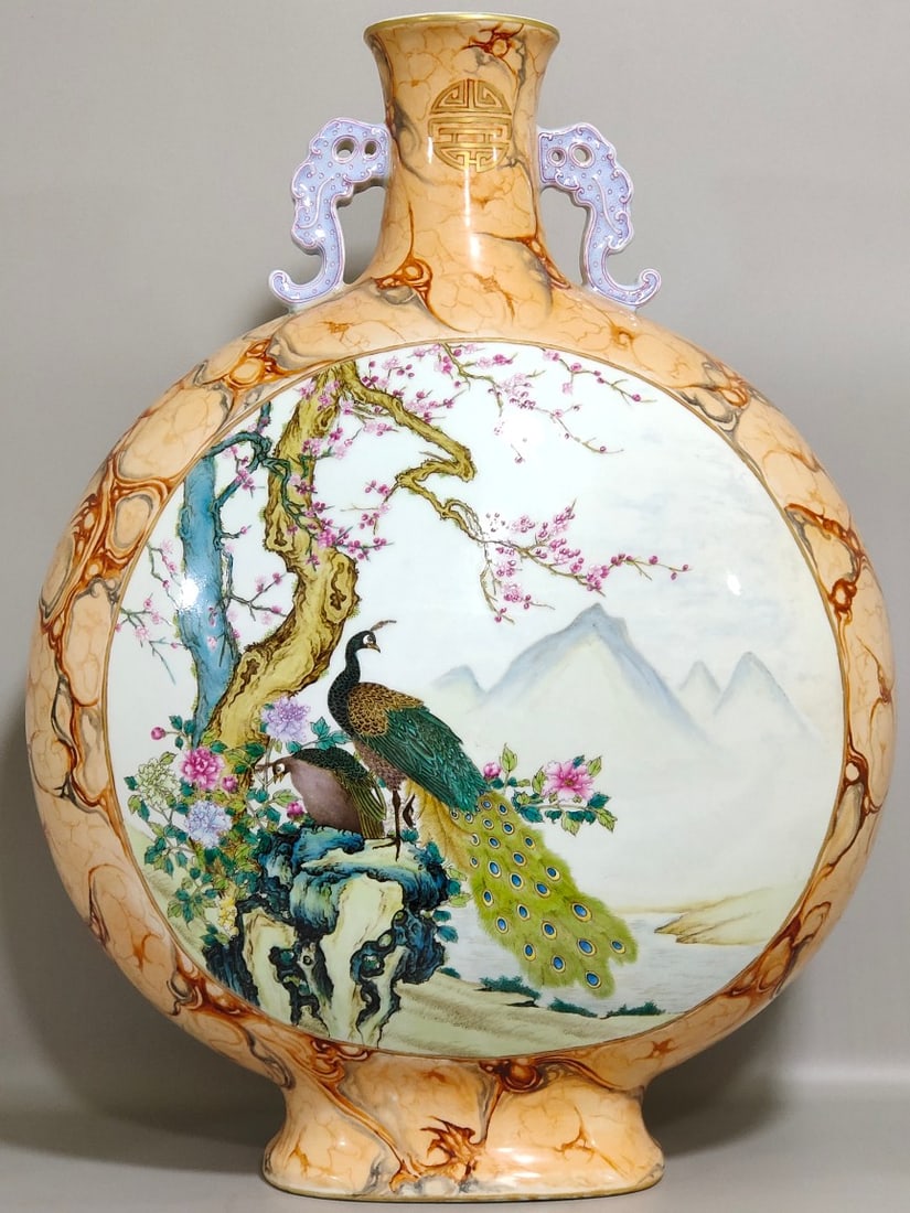An Exquisite Chinese stone patterned glazed peacock flat vase with windows: Size: Height 49 cm - Width 36 cm Materials: Porcelain Dynasty: Qing dynasty Inscription: Qianlong Mark Object: vase