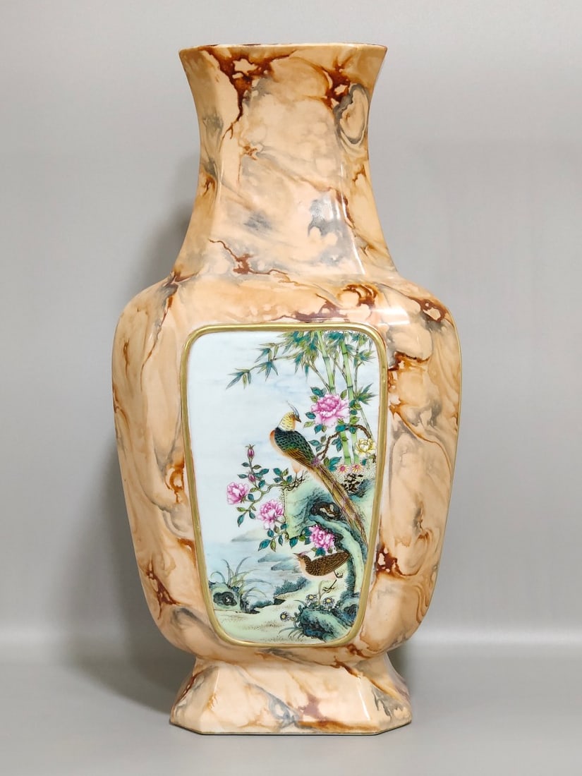 An Exquisite Chinese stone pattern glazed window flower and bird eight way vase: Size: Height 34 cm - Width 17 cm Materials: Porcelain Dynasty: Qing dynasty Inscription: Qianlong Mark Object: vase