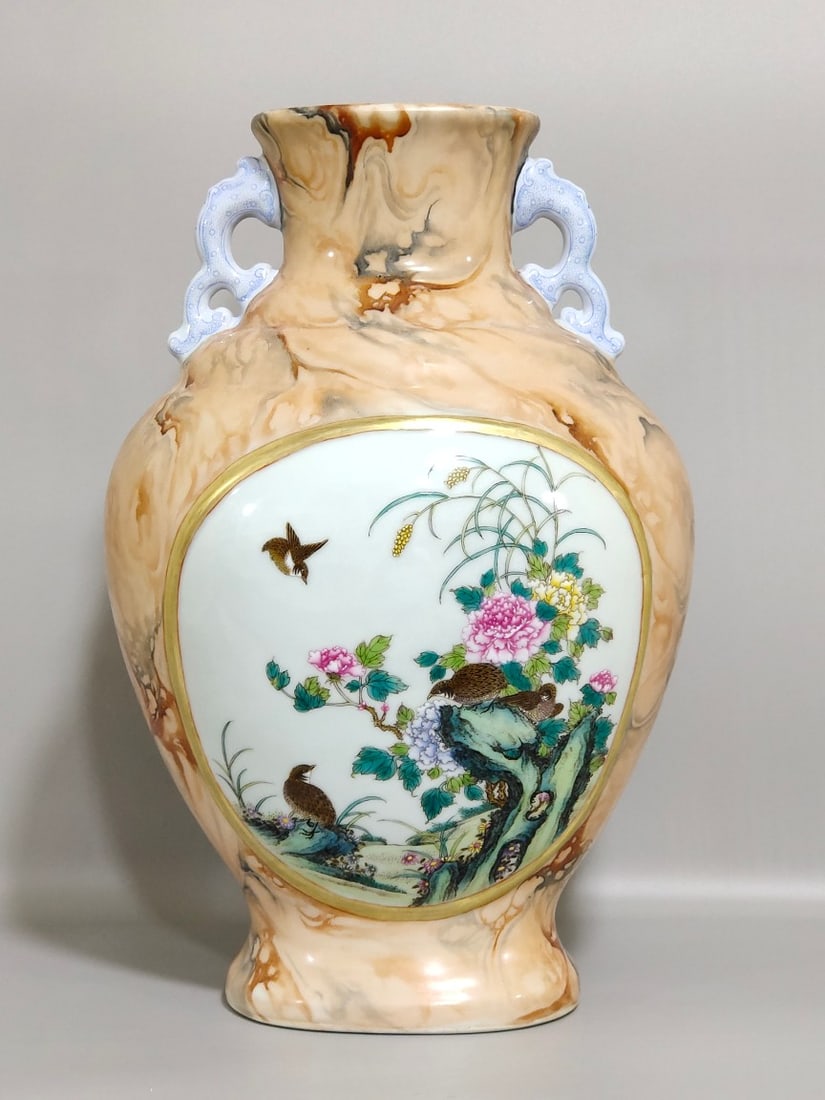 An Exquisite Chinese stone patterned glazed flower and bird amphora with windows: Size: Height 33 cm - Width 20 cm Materials: Porcelain Dynasty: Qing dynasty Inscription: Qianlong Mark Object: amphora