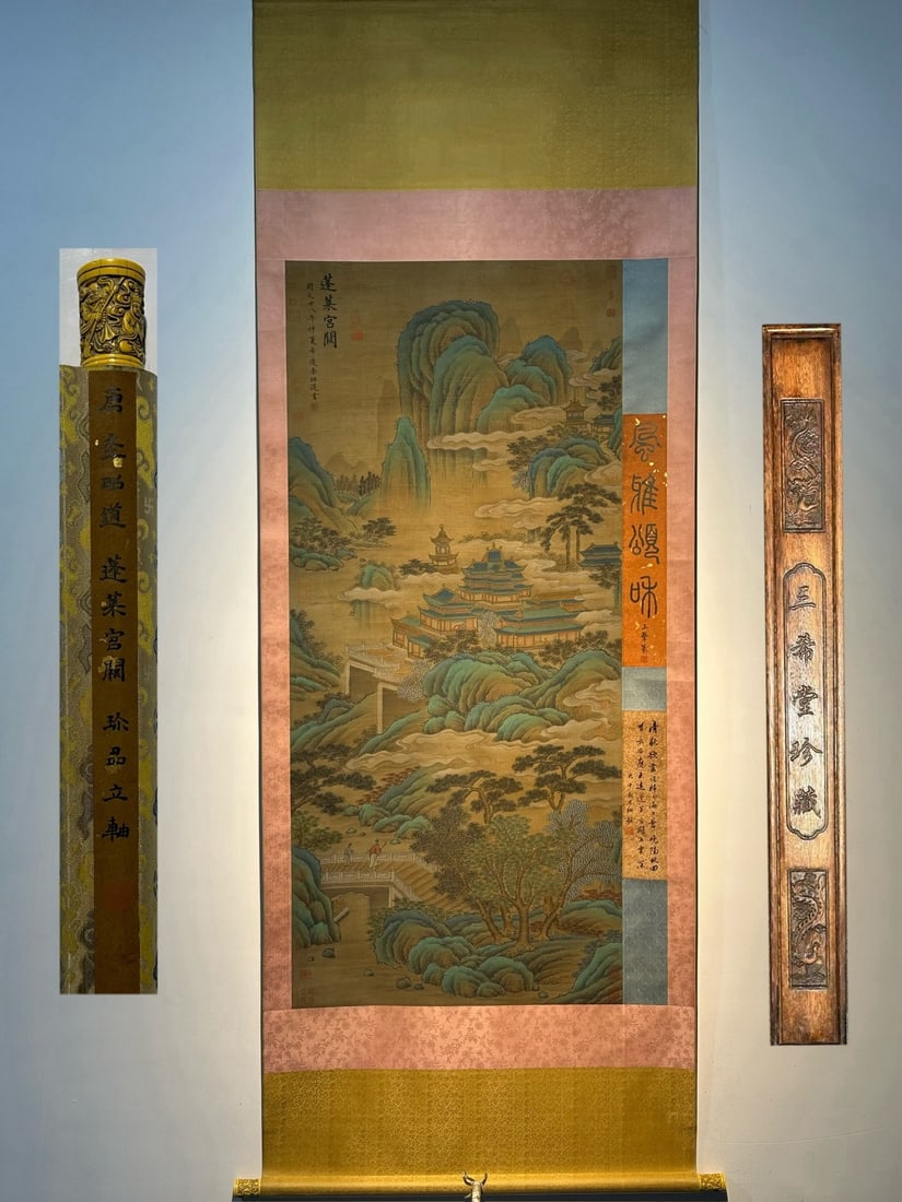 Chinese scroll painting Li Zhaodao: Size: Height 158 cm - Width 70 cm Materials: Silk and Paper Dynasty: Tang Dynasty Inscription: Li Zhaodao Object: Scroll Li Zhaodao's exquisite tooth axis silk hand-painted landscape painting _Penglai