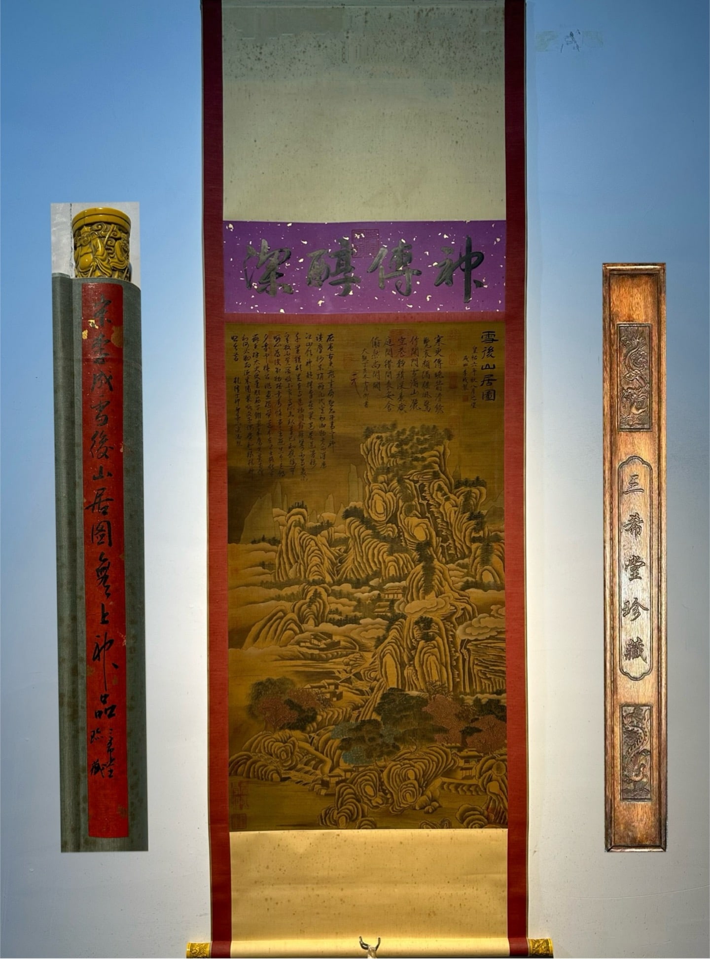 Chinese scroll painting Li Cheng: Size: Height 150 cm - Width 70 cm Materials: Silk and Paper Dynasty: Five Dynasties Inscription: Li Cheng Object: Scroll Li Cheng's exquisite hand drawn silk painting _Dwelling in the Snow Mountain_ i