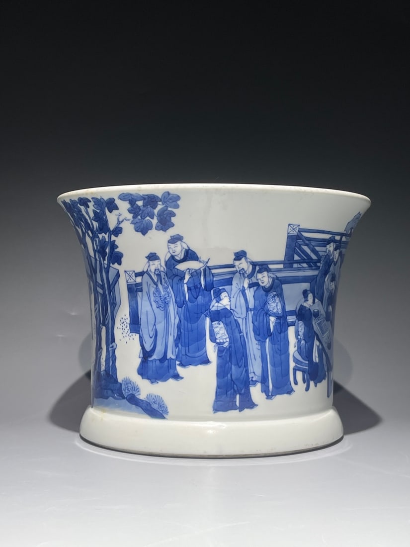 An Exquisite Chinese blue and white Gathering in the West Garden Porcelain brush holder: Size: Width 23.5 cm - Height 17.7 cm Materials: Porcelain Dynasty: Qing dynasty Attribution: Kangxi Period Object: Brush Holder