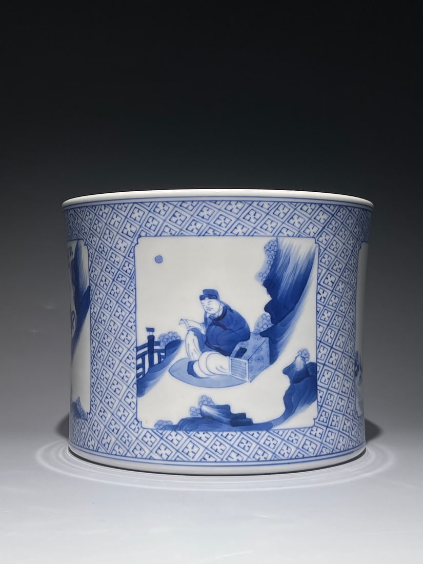 An Exquisite Chinese blue and white brocade fisherman woodcutter pattern Porcelain pen holder (1 of 11)