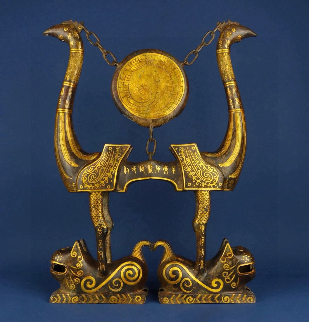 An Exquisite Chinese Bronze drum with gold inscriptions tiger seat and double phoenix: Size: Height 61 cm - Width 48.5 cm Materials: Bronze Dynasty: Han dynasty Attribution: 1st to 3rd-C Object: Chinese Antiques
