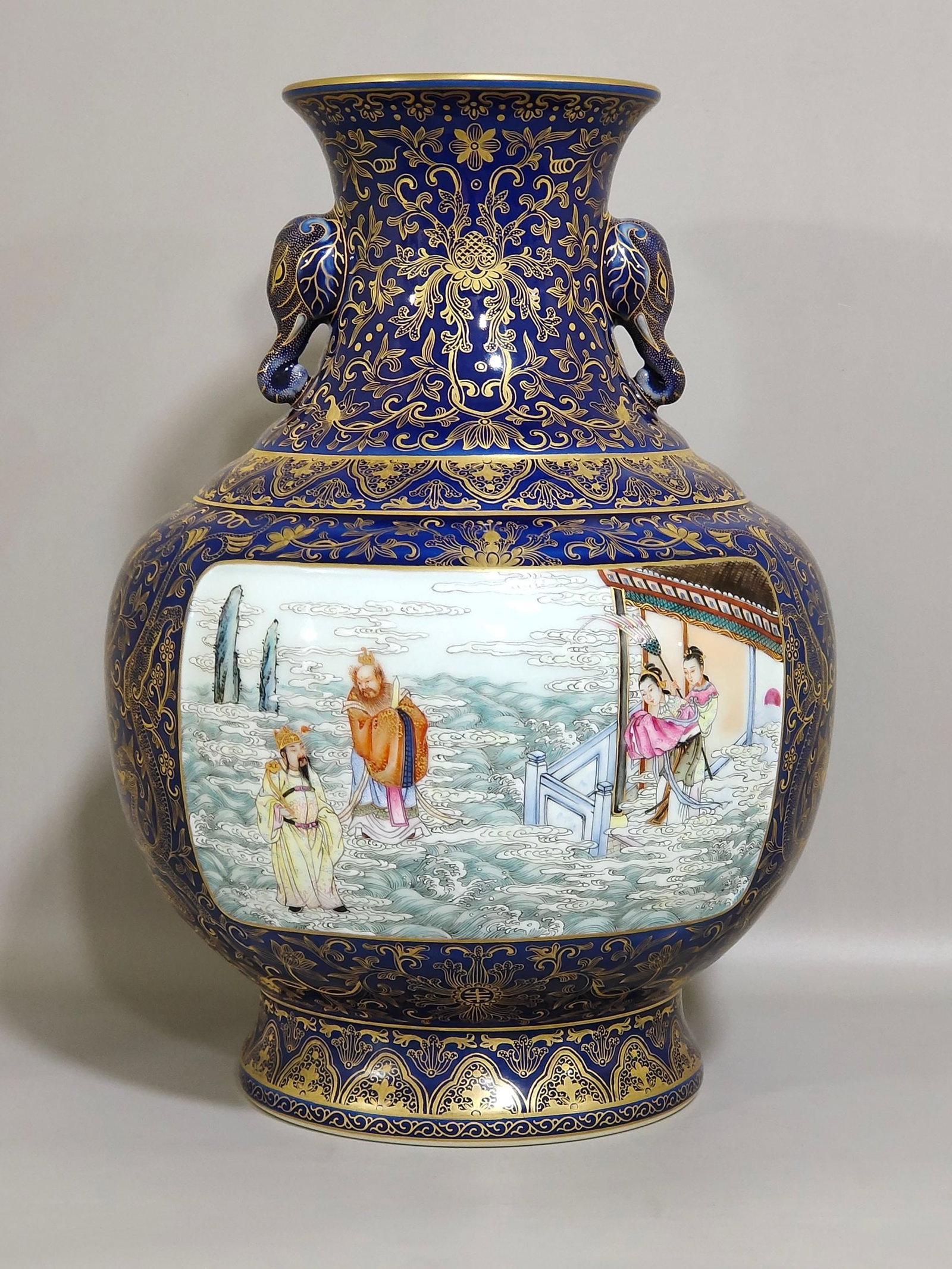 An Exquisite Chinese Festival Blue Glaze Gold Painted Window Character Story Elephant Ear Vase: Size: Height 29 cm - Width 19 cm Materials: Porcelain Dynasty: Qing dynasty Inscription: Qianlong Mark Object: vase