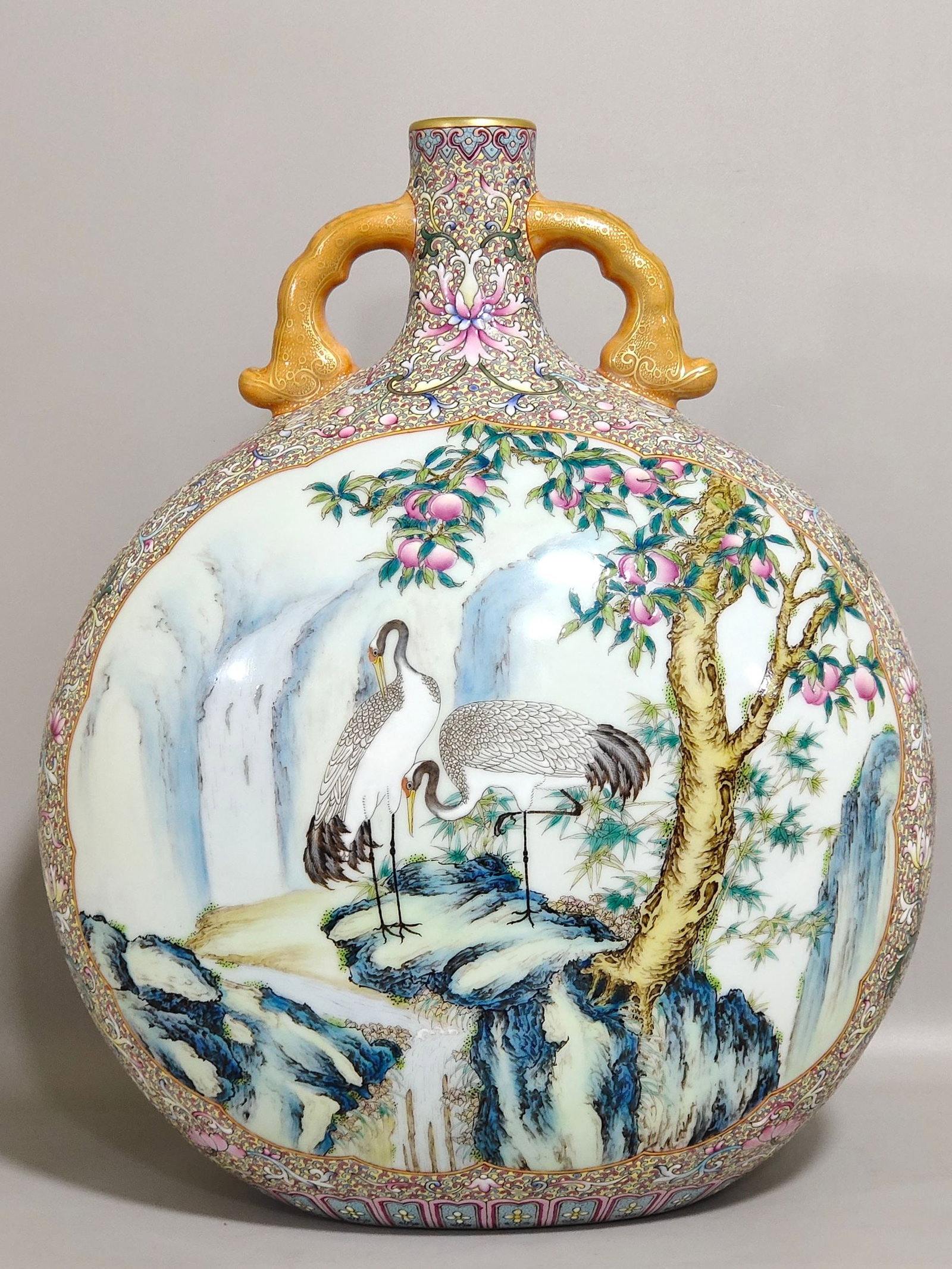 An Exquisite Chinese blessing and longevity a moon holding vase: Size: Height 30.5 cm - Width 24.5 cm Materials: Porcelain Dynasty: Qing dynasty Inscription: Qianlong Mark Object: vase