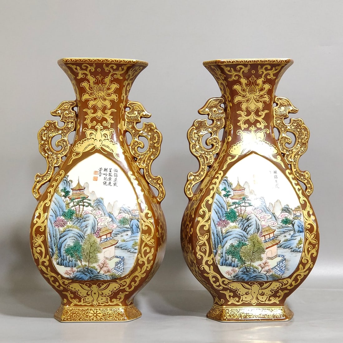 An Exquisite Chinese a purple gold glaze and gold painted windowed landscape six shaped amphora: Size: Height 20.8 cm - Width 11 cm Materials: Porcelain Dynasty: Qing dynasty Inscription: Qianlong Mark Object: amphora