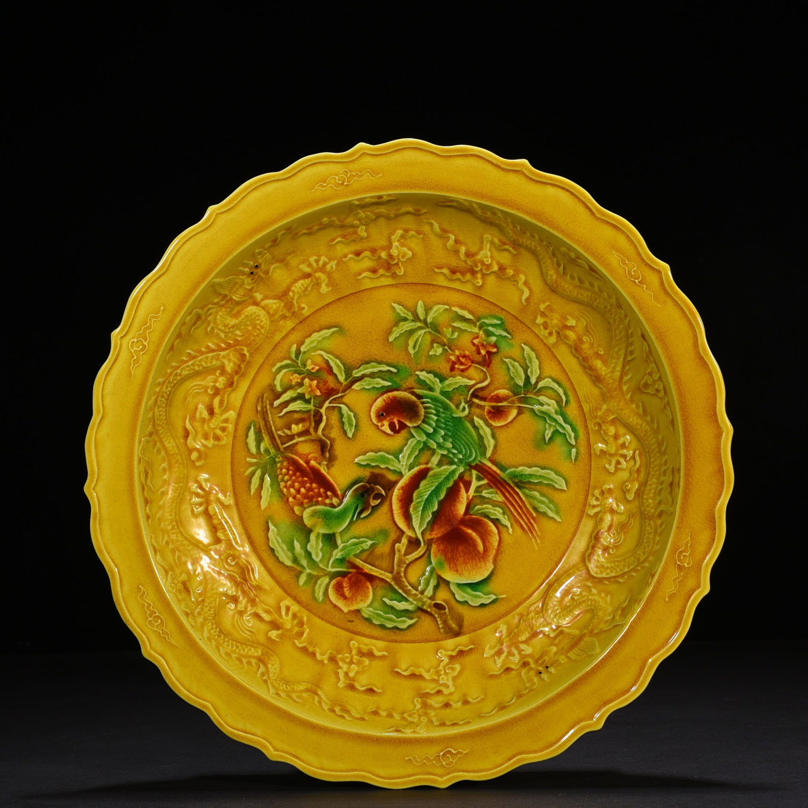 An Exquisite Chinese delicate yellow glaze rhombus edge folding plate: Size: Height 5 cm - Widthh 33 cm Materials: Porcelain Dynasty: Ming dynasty Attribution: hongzhi Object: plate