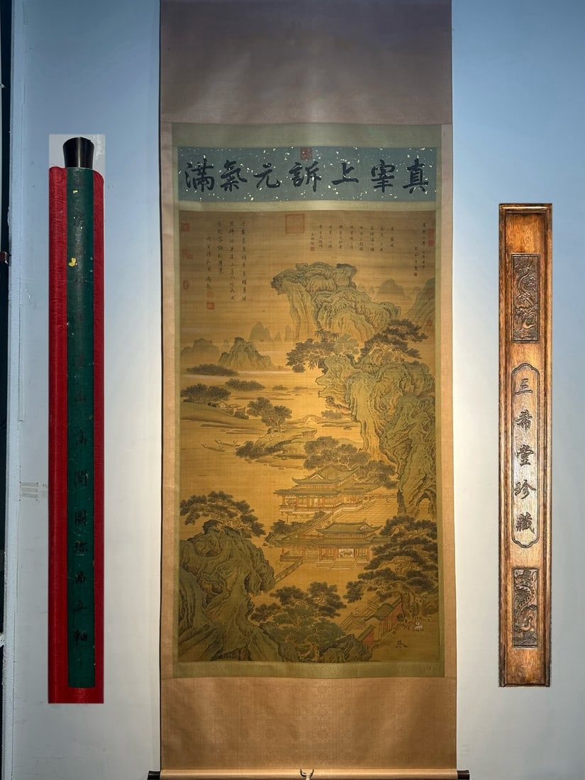 Chinese scroll painting Liu Songnian: Size: Height 207 cm - Width 104 cm Materials: Silk and Paper Dynasty: Song Dynasty Inscription: Liu Songnian Object: Scroll Liu Songnian's exquisite nine foot silk hand-painted painting _High Pavilion