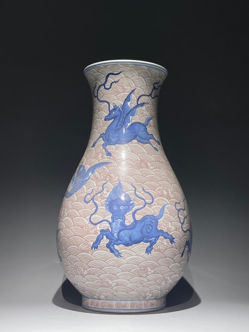 An Exquisite Chinese blue and white underglaze red water pipa with animal patterns Porcelain vase: Size: Height 44 cm - Width 24 cm Materials: Porcelain Dynasty: Qing Dynasty Attribution: Qianlong Period Object: Vase