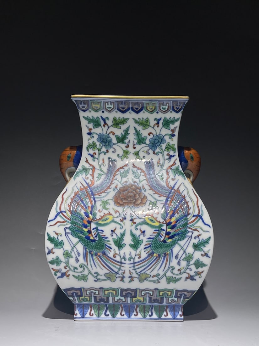 An Exquisite Chinese double phoenixes and peonies playing with elephant ears square Porcelain vase: Size: Height 27 cm - Width 19 cm Materials: Porcelain Dynasty: Qing Dynasty Attribution: Qianlong Period Object: vase