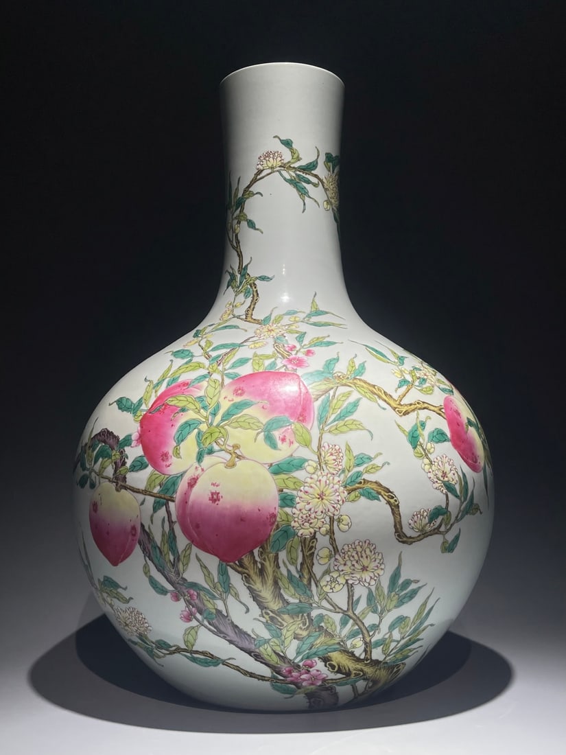 An Exquisite Chinese famille rose nine peach celestial sphere Porcelain vase: Size: Height 57 cm - Width 42 cm Materials: Porcelain Dynasty: Qing Dynasty Attribution: Qianlong Period Object: Vase