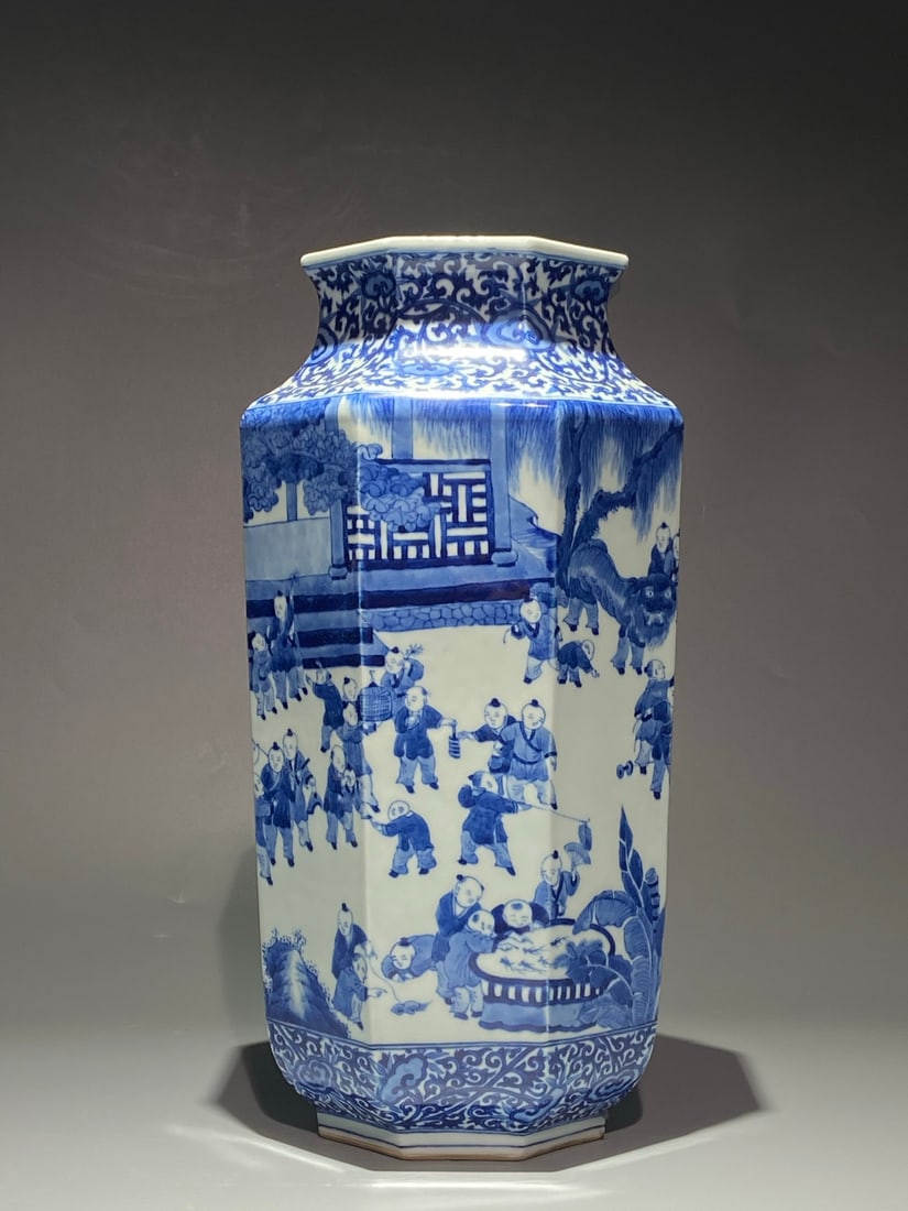 An Exquisite Chinese blue and white hundred sons six square Porcelain vase: Size: Height 39 cm - Width 20 cm Materials: Porcelain Dynasty: Qing Dynasty Attribution: Qianlong Period Object: Vase