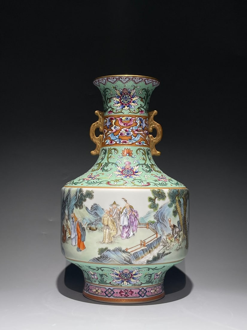An Exquisite Chinese turquoise green rolled famille rose gilt of Eighteen Arhats double eared: Size: Height 30.2 cm - Width 18 cm Materials: Porcelain Dynasty: Qing Dynasty Attribution: Qianlong Period Object: Vase