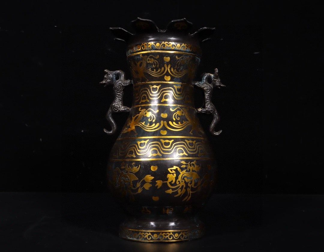An Exquisite Chinese Bronze and gold double dragon round vase (1 of 9)