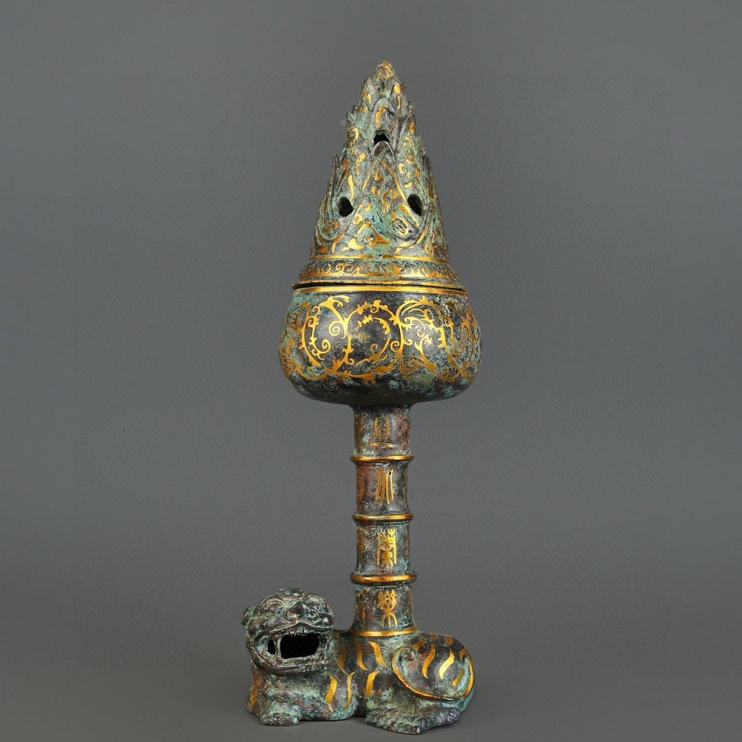 An Exquisite Chinese Bronze and Gold Crouching Tiger Boshan Furnace: Size: Height 35 cm - Width 12 cm Materials: Bronze Dynasty: Han dynasty Attribution: 1st to 3rd-C Object: Chinese Antiques