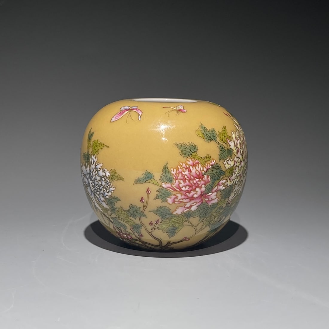 An Exquisite Chinese beige glazed pastel peony pattern water Porcelain jug: Size: Width 10 cm - Height 8.7 cm Materials: Porcelain Dynasty: Qing Dynasty Attribution: Yongzheng Period Object: jug