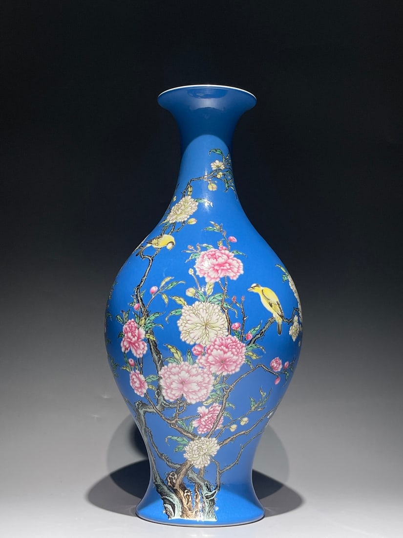 An Exquisite Chinese Famille Rose blue ground pastel flower and bird pattern olive Porcelain vase: Size: Height 36 cm - Width 18 cm Materials: Porcelain Dynasty: Qing Dynasty Attribution: Yongzheng Period Object: vase