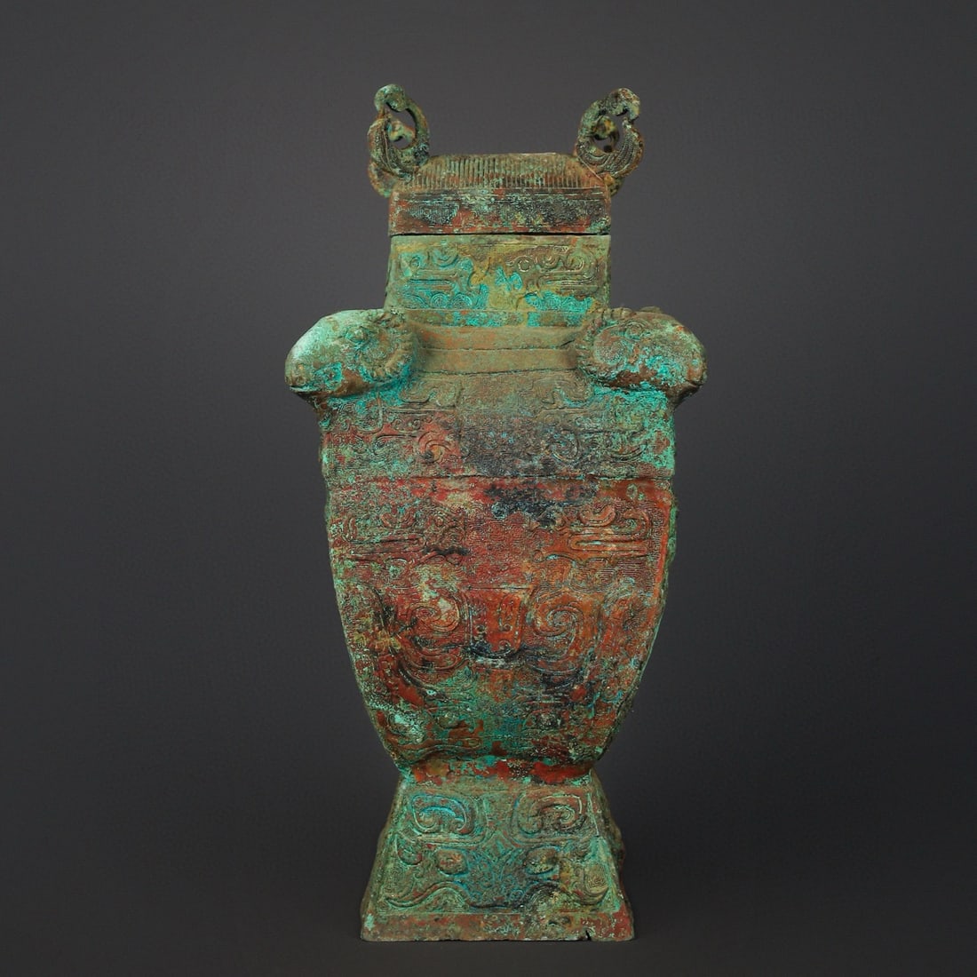An Exquisite Chinese Bronze four goat square Lei (1 of 9)