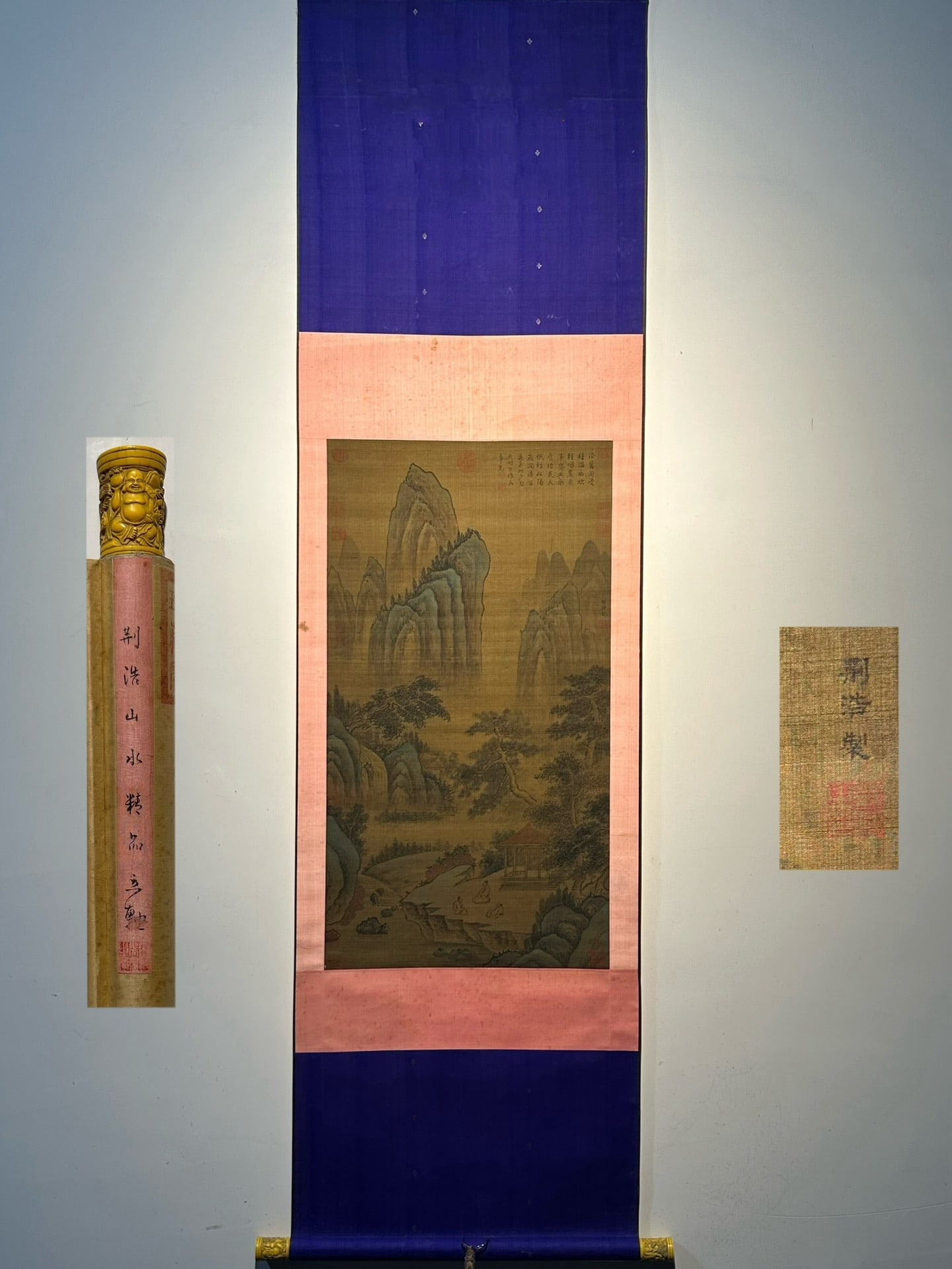 Chinese scroll painting Jing Hao: Size: Height 95 cm - Width 37 cm Materials: Silk and Paper Dynasty: Liang Dynasty Inscription: Jing Hao Object: Scroll Jing Hao's exquisite hand drawn landscape paintings made of thread and silk, with