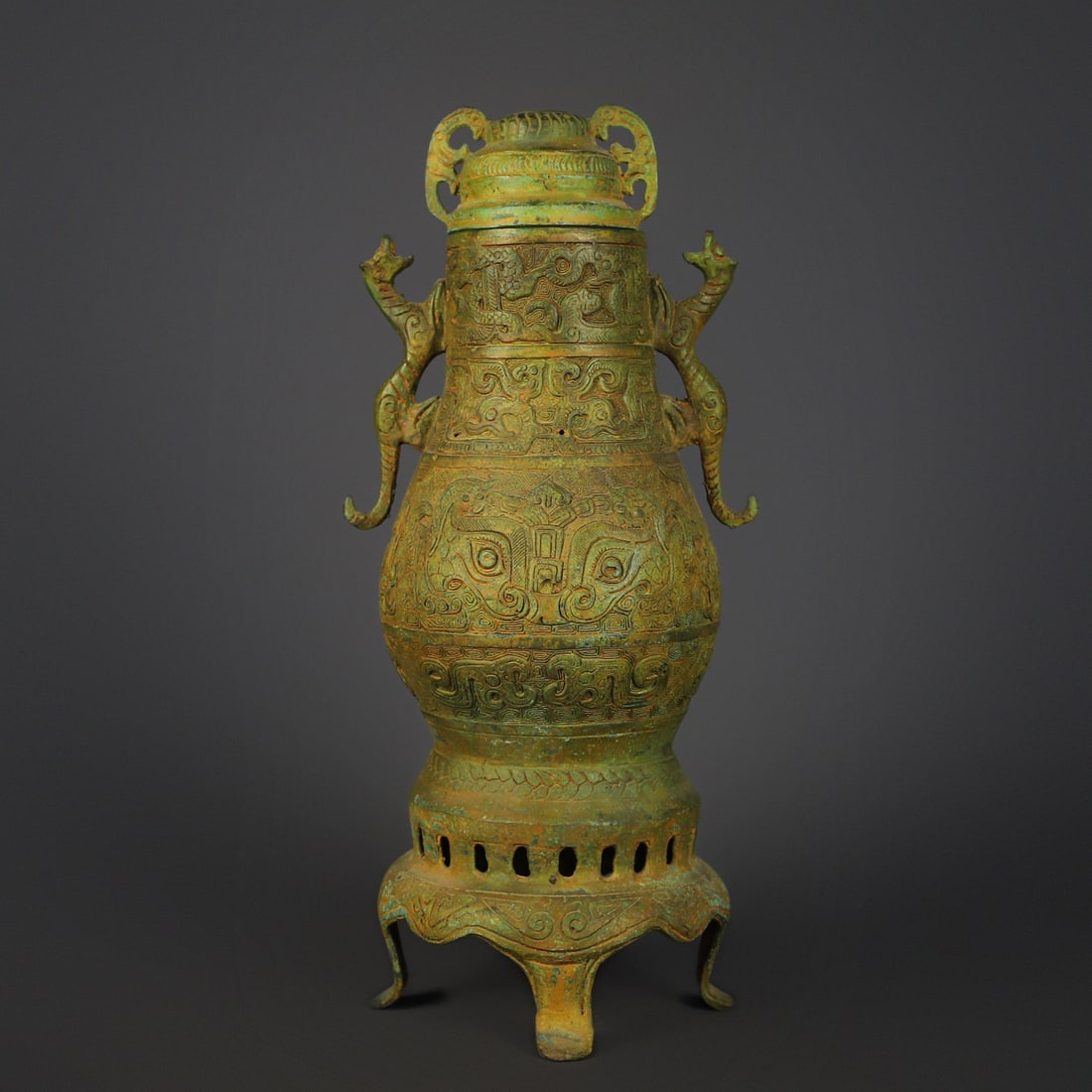 An Exquisite Chinese Bronze Double Dragon Beast Face Vase: Size: Height 36 cm - Width 17 cm Materials: Bronze Dynasty: zhou dynasty Attribution: 700-BC Object: Chinese Antiques