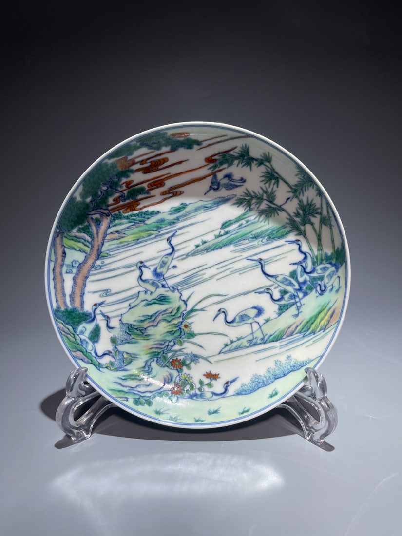 An Exquisite Chinese Dou Cai Nine Cranes and Spring Appreciation Porcelain plate: Size: Width 20.2 cm - Height 3.8 cm Materials: Porcelain Dynasty: Qing Dynasty Attribution: Yongzheng Period Object: plate