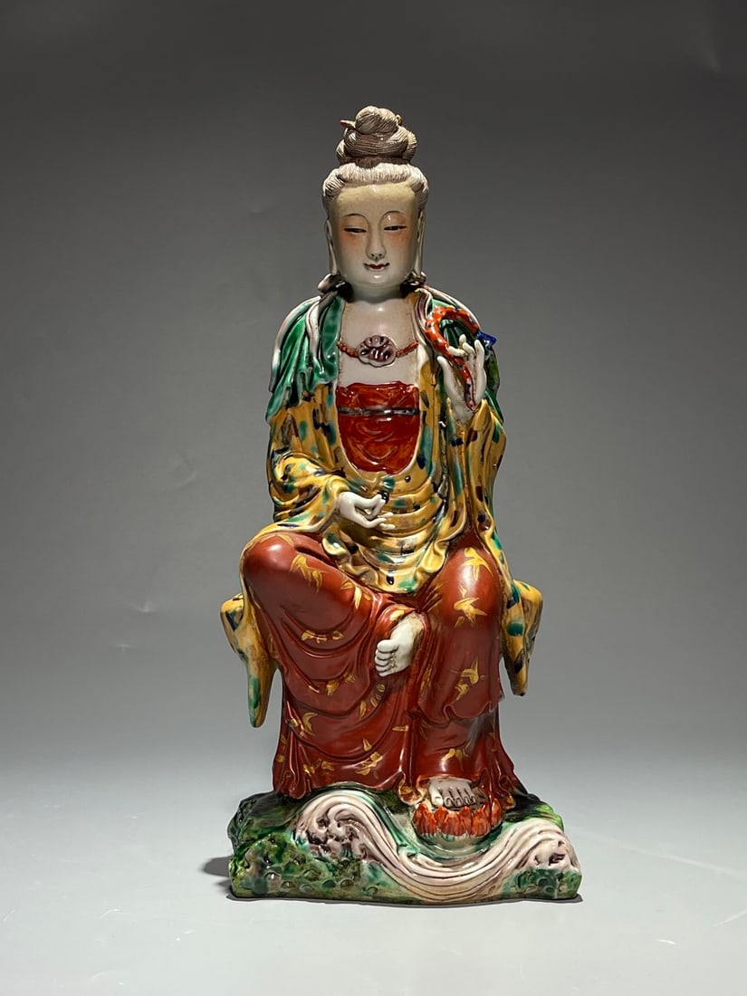 An Exquisite Chinese plain three color Guanyin sitting on stone porcelain statue (1 of 8)