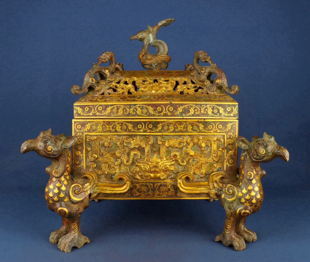 An Exquisite Chinese Bronze with gold and silver hollow dragon phoenix and standing bird (1 of 9)