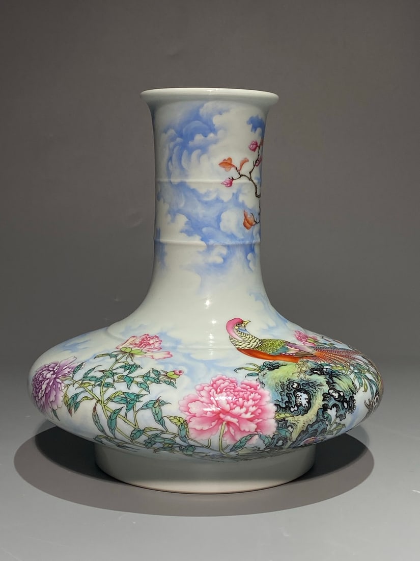 An Exquisite Chinese famille rose golden pheasant and peony pattern flat belly Porcelain vase: Size: Height 23 cm - Width 23 cm Materials: Porcelain Dynasty: Qing Dynasty Attribution: Yongzheng Period Object: vase