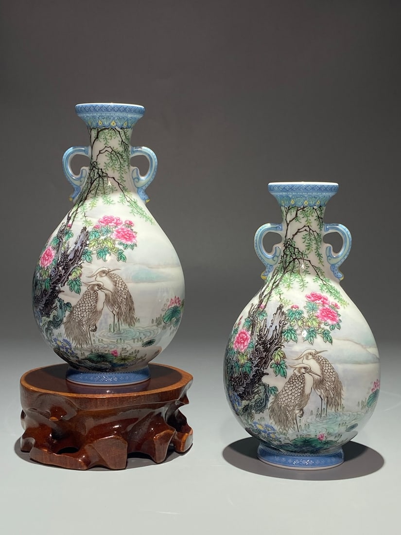An Exquisite Chinese Famille Rose pastel flower and bird Porcelain amphora: Size: Height 17.5 cm - Width 9.5 cm Materials: Porcelain Dynasty: Qing Dynasty Attribution: Yongzheng Period Object: Amphora