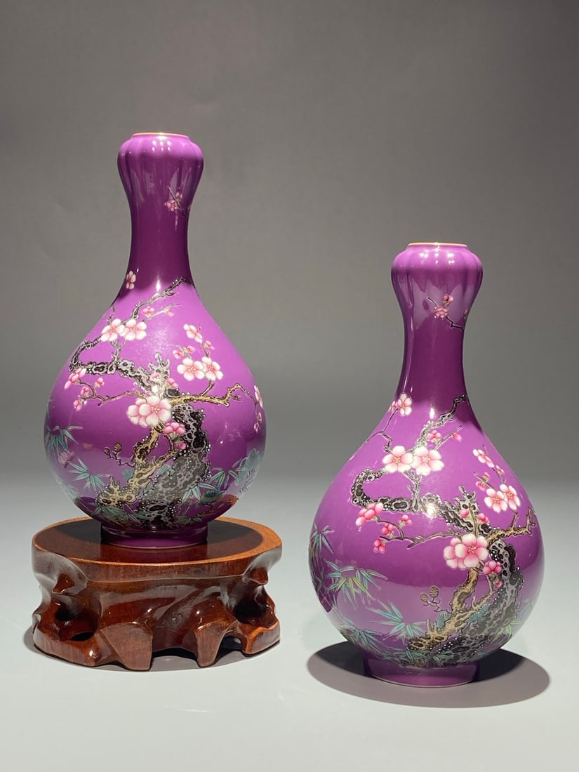 An Exquisite Chinese Famille Rose purple ground pine bamboo plum and garlic Porcelain vase: Size: Height 17 cm - Width 9.5 cm Materials: Porcelain Dynasty: Qing Dynasty Attribution: Qianlong Period Object: vase