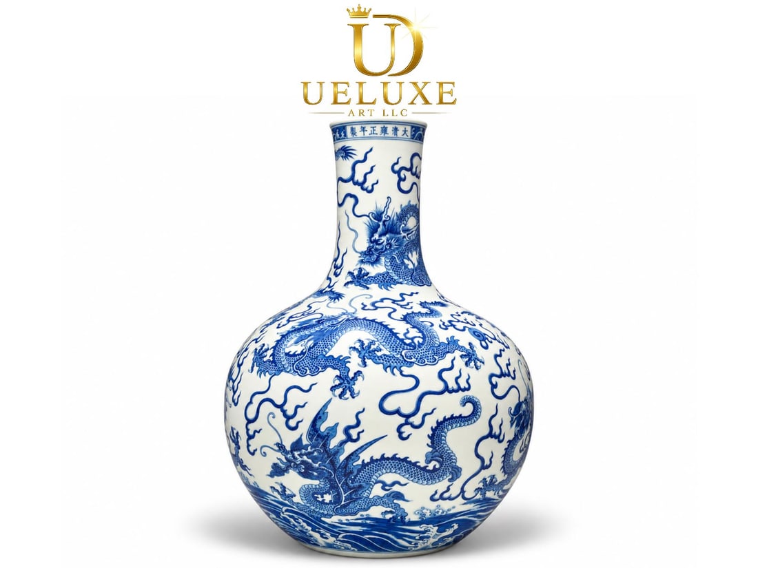 An Exquisite Chinese blue and white sea water dragon pattern celestial sphere Porcelain vase: Size: Height 52 cm - Width 40 cm Materials: Porcelain Dynasty: Qing Dynasty Attribution: Yongzheng Period Object: vase