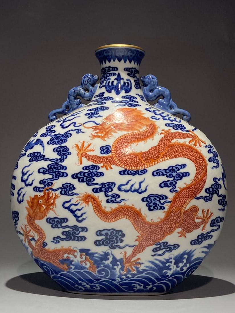 An Exquisite Chinese blue and white alum red cloud and dragon pattern holding flat Porcelain vase: Size: Height 28.7 cm - Width 26 cm Materials: Porcelain Dynasty: Qing Dynasty Attribution: Qianlong Period Object: vase