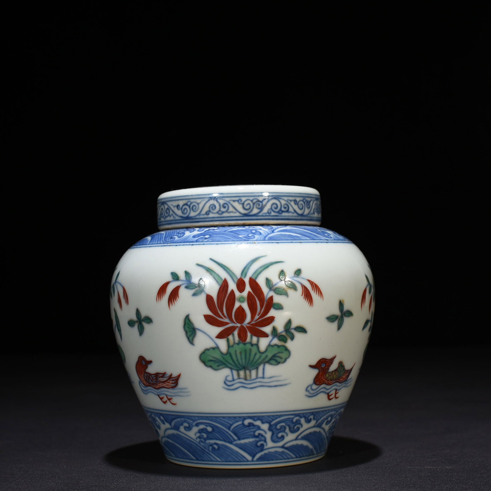 An Exquisite Chinese Doucai Colorful Lotus Pond Jar: Size: Height 12 cm - Widthh 12 cm Materials: Porcelain Time Period:Ming dynasty Attribution: chenghua Object: jar