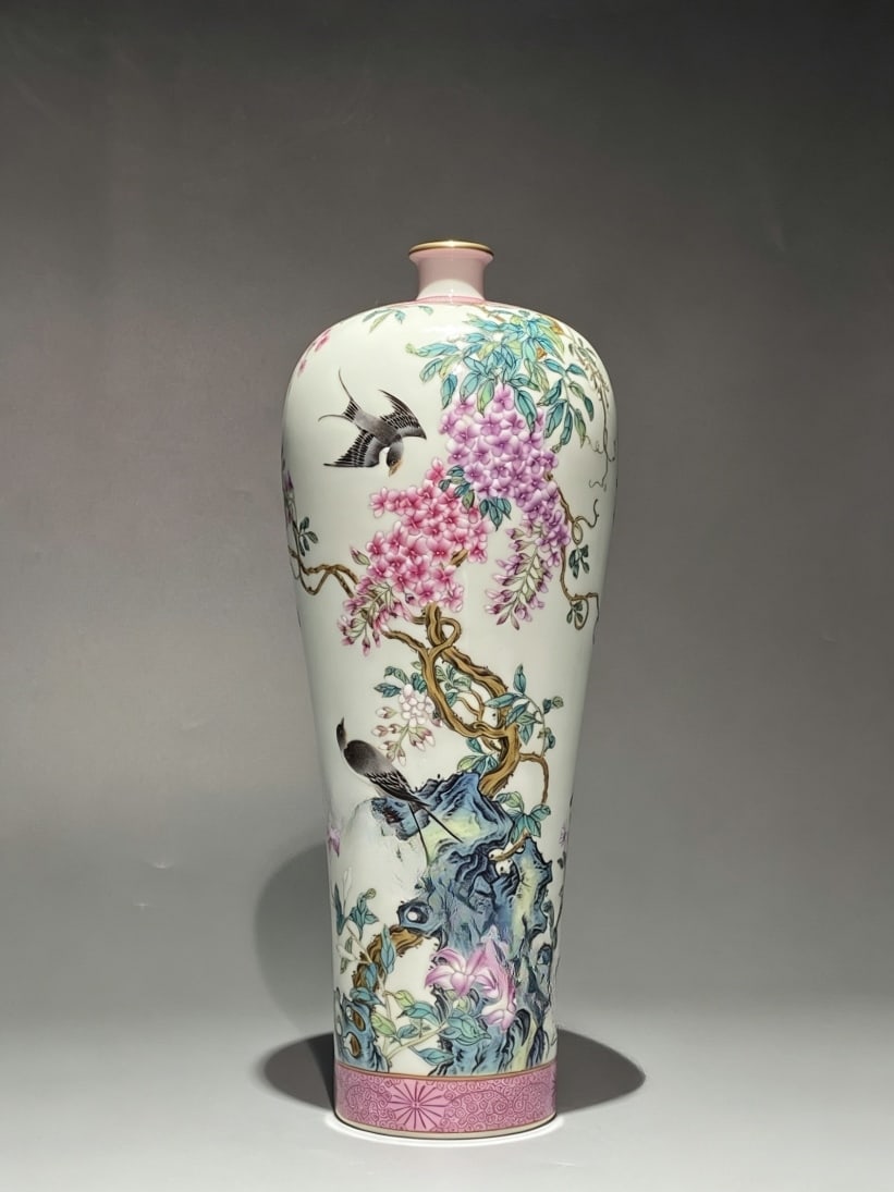An Exquisite Chinese Familles Rose pastel wisteria flower and bird patterns Porcelain vase: Size: Height 33 cm - Width 13 cm Materials: Porcelain Dynasty: Qing Dynasty Attribution: Yongzheng Period Object: vase