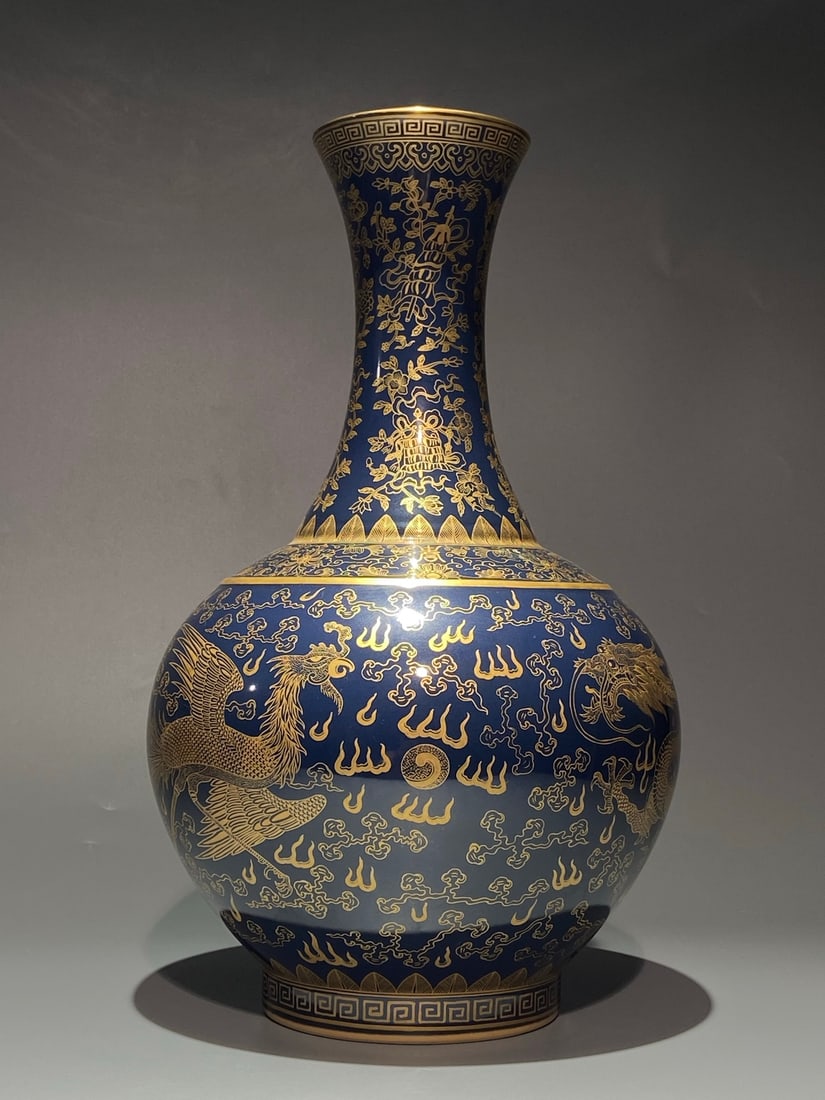 An Exquisite Chinese blue glazed golden dragons and phoenixes in pattern Porcelain vase: Size: Height 40.5 cm - Width 25 cm Materials: Porcelain Dynasty: Qing Dynasty Attribution: Guangxu Period Object: vase