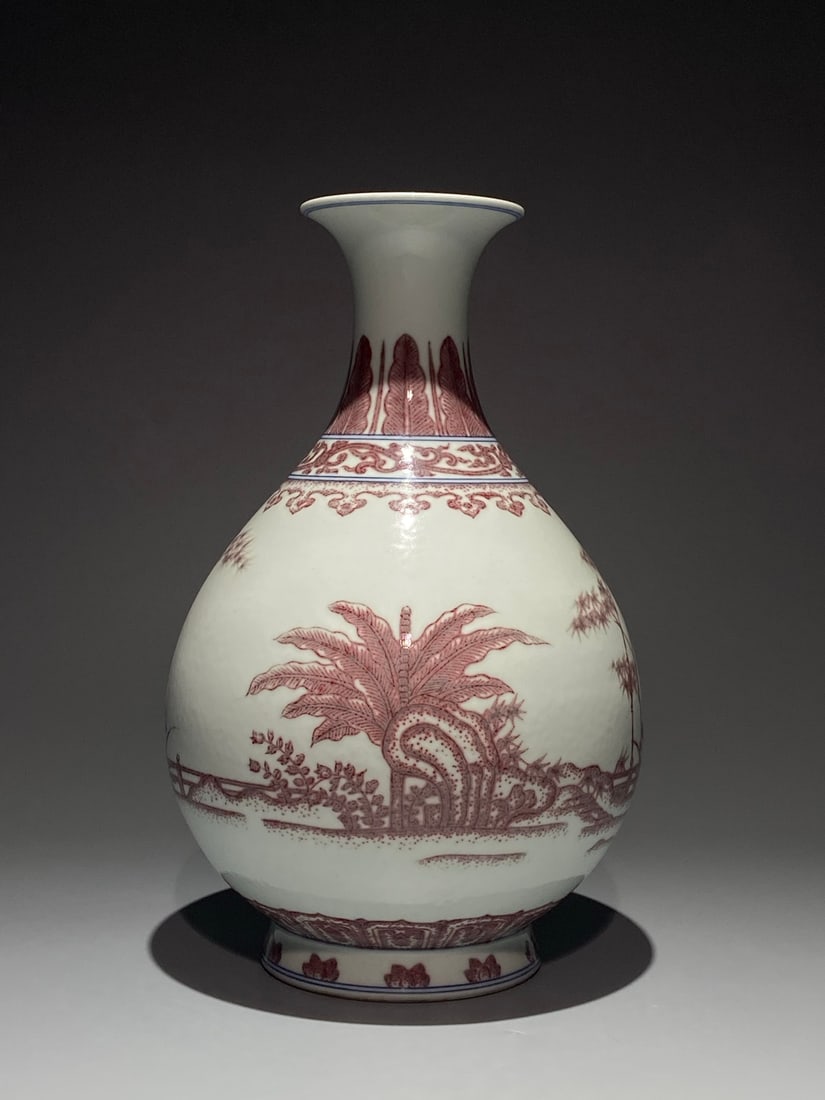 An Exquisite Chinese underglaze red courtyard bamboo stone and banana pattern Porcelain vase: Size: Height 31.8 cm - Width 20 cm Materials: Porcelain Dynasty: Qing Dynasty Attribution: Qianlong Period Object: vase