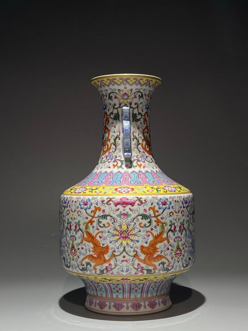 An Exquisite Chinese pastel color Kui dragon pierced flower Porcelain amphora: Size: Height 30 cm - Width 18 cm Materials: Porcelain Dynasty: Qing Dynasty Attribution: Qianlong Period Object: amphora
