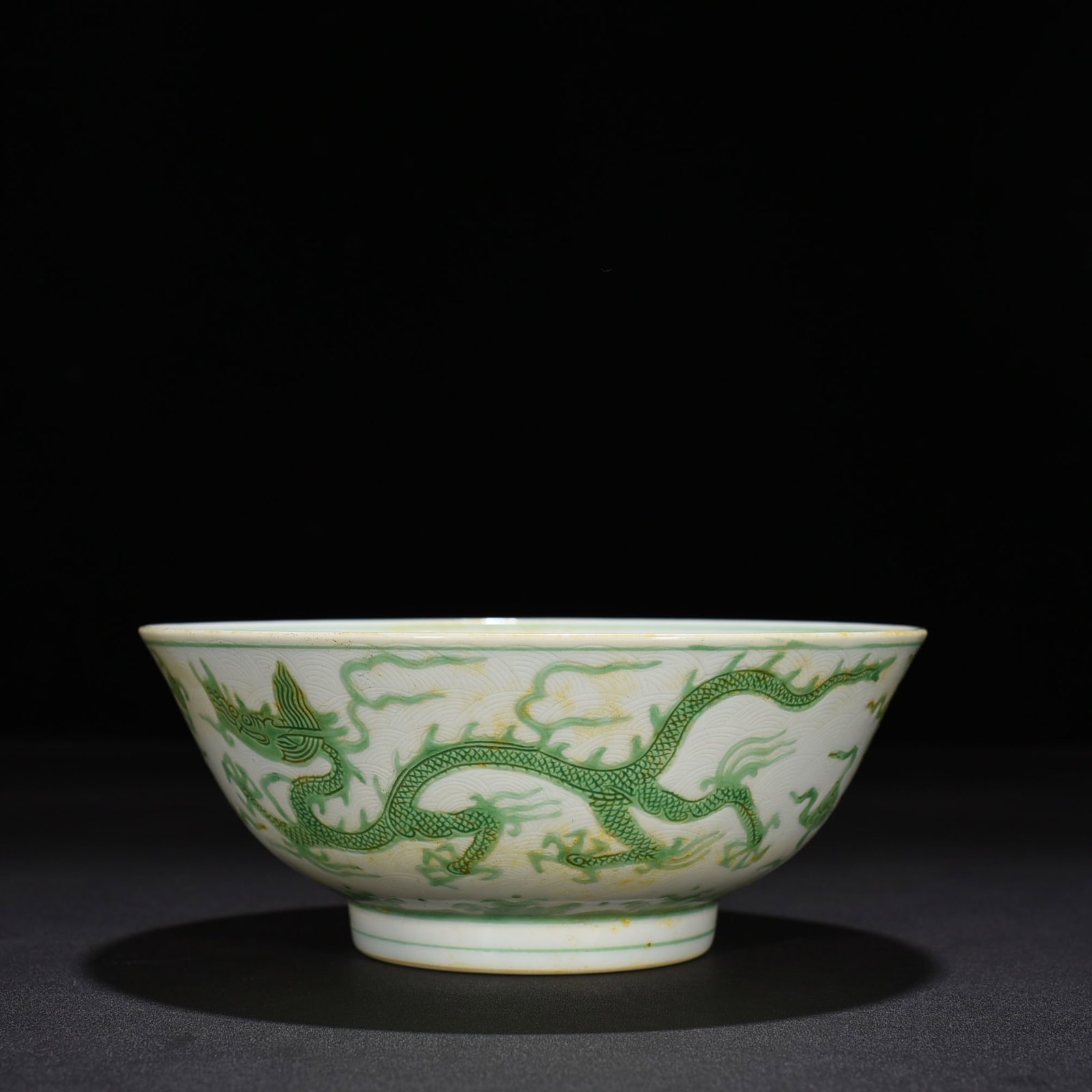 An Exquisite Chinese carved seawater green dragon bowl: Size: Height 7 cm - Widthh 18.5 cm Materials: Porcelain Time Period:Ming dynasty Attribution: chenghua Object: bowl