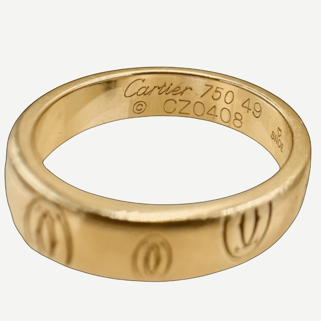 CARTIER Happy Birthday Ring, Logo Band, 18K Rose Gold, EU Size 49 (US 5): The Cartier Happy Birthday collection celebrates the Maison's graphic identity through its repeating double-C motif and polished contemporary form.Rendered in rose gold, this logo band offers a distin