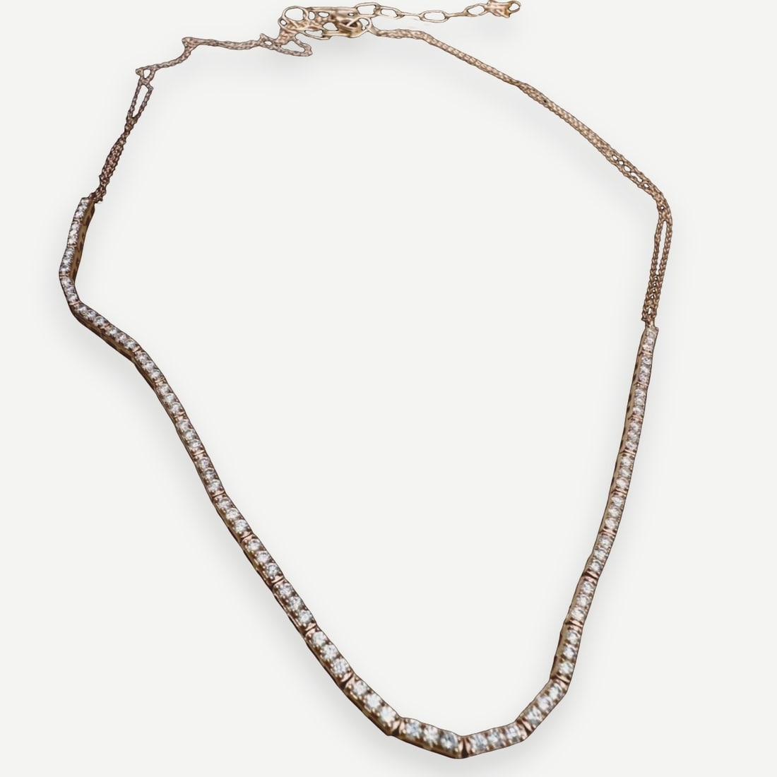 Modernist Diamond Collar Necklace, 14K Rose Gold, 0.81 CTW, 15-18.75 in.: A modernist diamond collar necklace in 14K rose gold, set with approximately 0.81 carats total weight of round brilliant diamonds. Designed with an adjustable length of approximately 15 to 18.75 inche