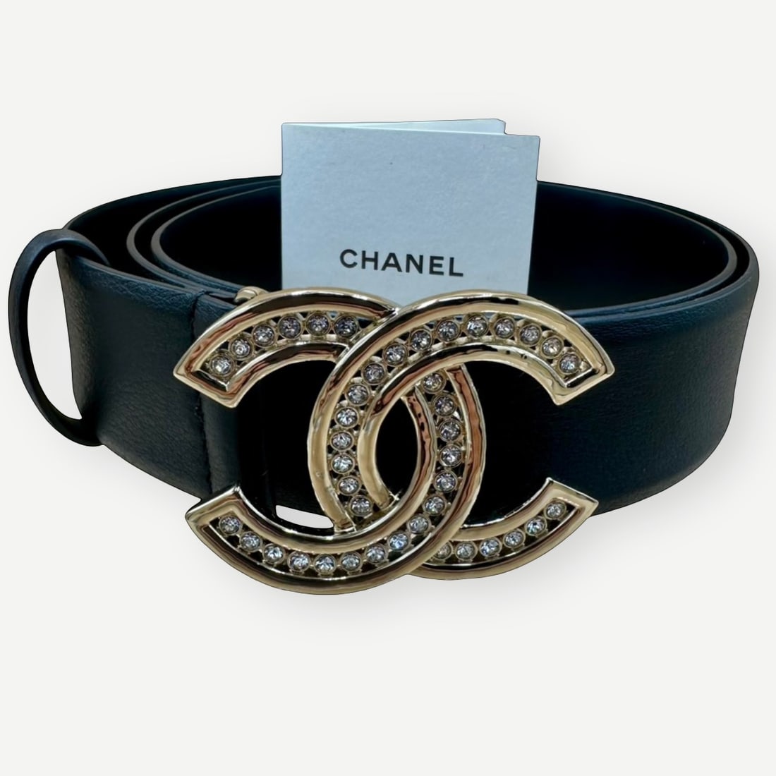 CHANEL CC Logo Belt, Black Leather, Crystal- Set Gold- Tone Buckle, Size 85/34 (1 of 11)