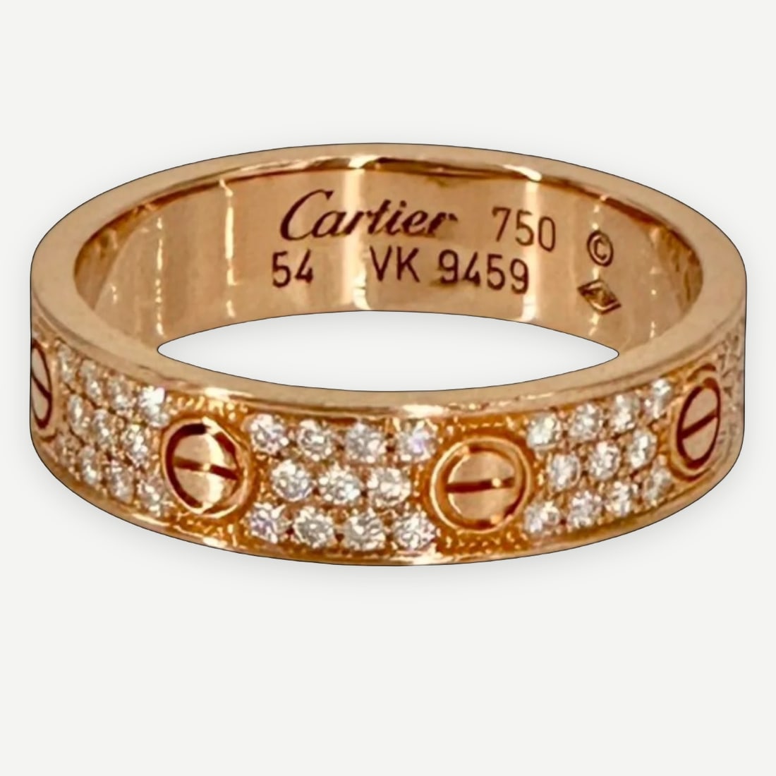 CARTIER Love Ring, Pave Diamond Model, 18K Rose Gold, EU Size 54 (US 6.75): Heritage The Cartier Love collection is one of the most enduring symbols of devotion in the history of fine jewelry. Conceived in 1969 by Aldo Cipullo, the Love Ring has transcended trend to become a 