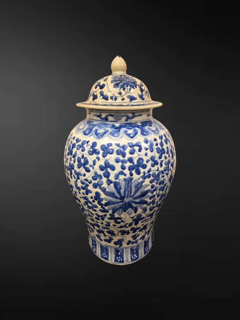 A Chinese Blue and White Baluster Jar and Cover: A handsome Chinese blue and white baluster jar and cover of classic temple-jar form, the high-shouldered ovoid body rising from a slightly spreading foot to a short waisted neck, surmounted by a domed