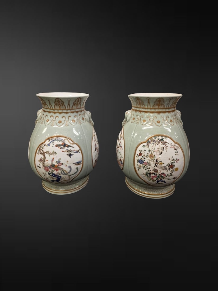 A Pair of Chinese Celadon-Ground Famille Rose Hu-Form Vases, Qianlong Seal Marks