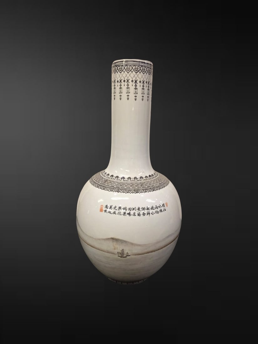 Chinese Jingdezhen Grisaille ‘Misty Landscape’ Bottle Vase with Poetic Inscription