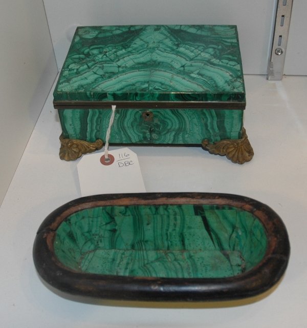 GILT METAL MOUNTED MALACHITE BOX AND TRAY: WITH A MIRROR INSET LID ON SHELL FORM FEET TOGETHER WITH A MALACHITE PEN TRAY