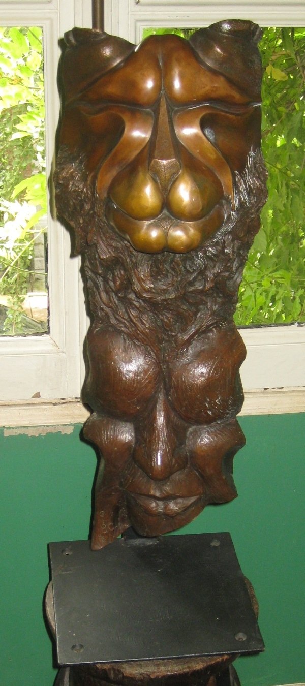 BARRY CANTERNA (American 1952-1993): TWO MEN/LION/EAGLE Signed. Bronze with green/brown patina. Height 56"