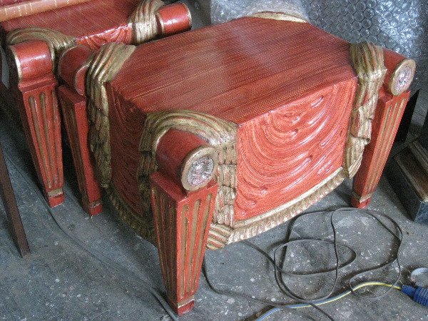 PAIR FRENCH CARVED BEECH WOOD STOOLS: ANTIQUE WHITE PAINTED, MODELED AS ROMAN FLUTED LEG BENCHES WITH ENCIRCLING FRINGED DRAPERY, Height 26", Width 19", Depth 19" TOGETHER WITH VENETIAN PAINTED FAN WALL POCKETS AND ADDITIONAL CARVED AND P